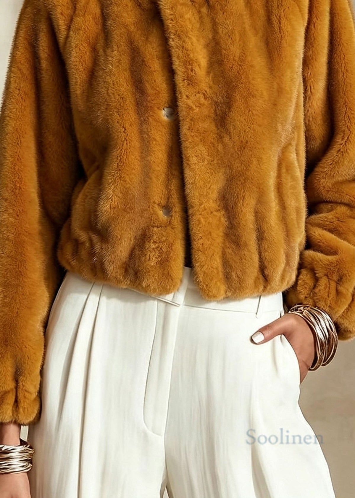 Elegant Orange Yellow O Neck Faux Fur Short Coat Winter