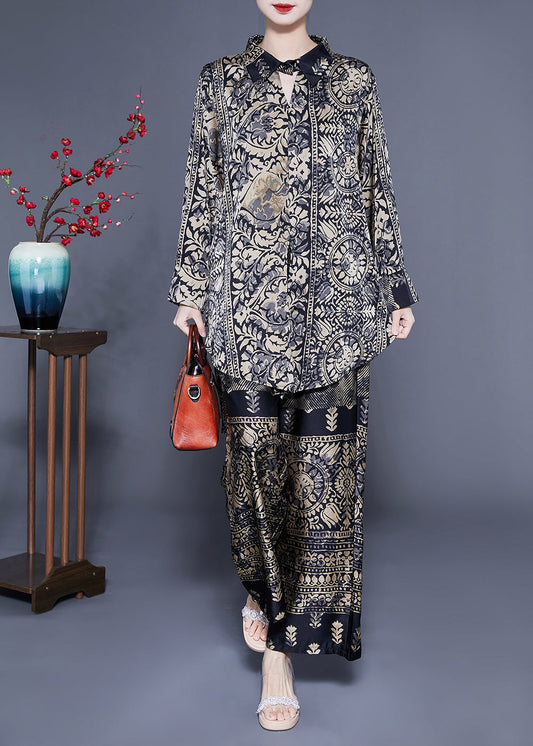 Elegant Oversized Low High Design Print Silk Two Pieces Set Spring