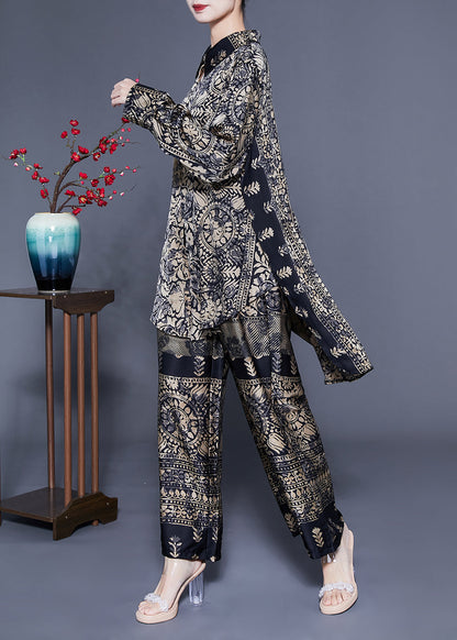 Elegant Oversized Low High Design Print Silk Two Pieces Set Spring