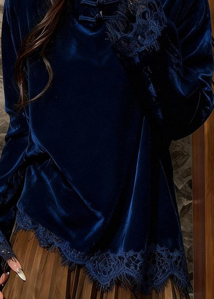 Elegant Peacock Blue Mandarin Collar Patchwork Lace Silk Velour Top Spring