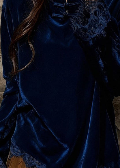Elegant Peacock Blue Mandarin Collar Patchwork Lace Silk Velour Top Spring