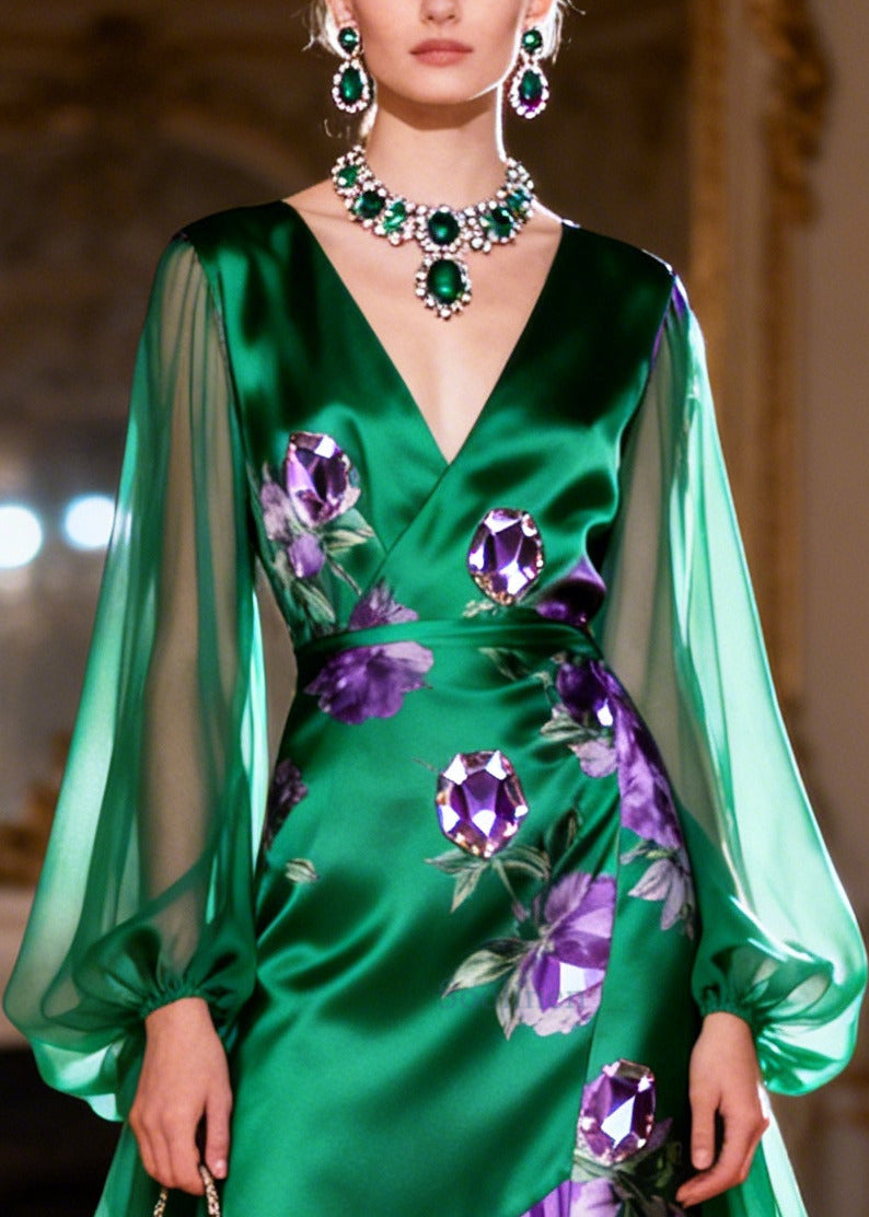 Elegant Peacock Green Asymmetrical Patchwork Silk Party Dress Summer