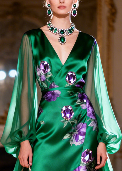 Elegant Peacock Green Asymmetrical Patchwork Silk Party Dress Summer