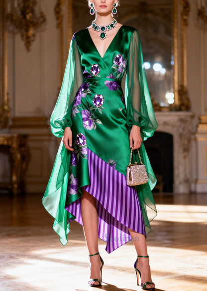 Elegant Peacock Green Asymmetrical Patchwork Silk Party Dress Summer