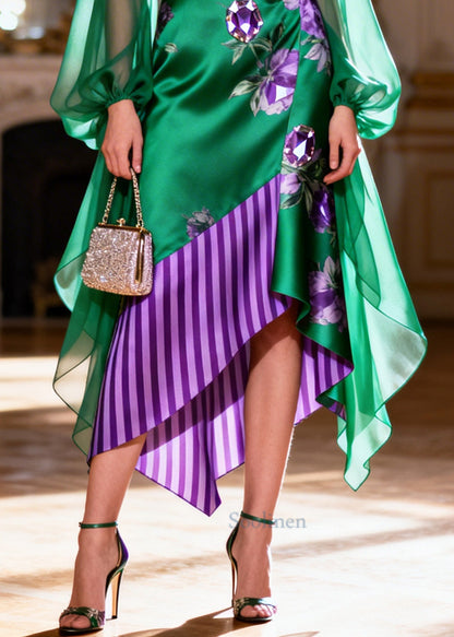Elegant Peacock Green Asymmetrical Patchwork Silk Party Dress Summer