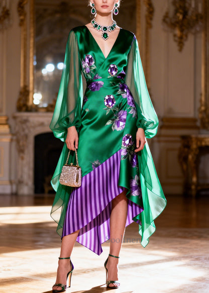 Elegant Peacock Green Asymmetrical Patchwork Silk Party Dress Summer