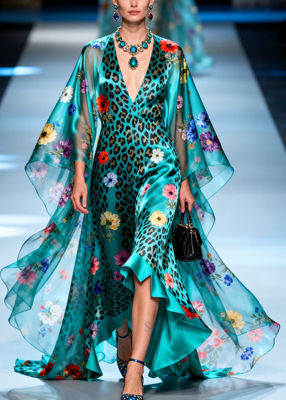 Elegant Peacock Green Print Exra Large Hem Silk Holiday Dress Summer