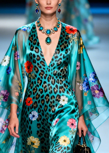 Elegant Peacock Green Print Exra Large Hem Silk Holiday Dress Summer