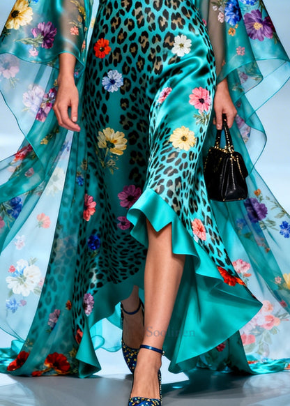 Elegant Peacock Green Print Exra Large Hem Silk Holiday Dress Summer