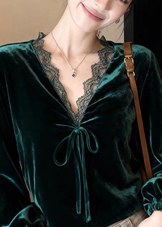 Elegant Peacock Green V Neck Lace Patchwork Silk Velvet Shirt Lantern Sleeve