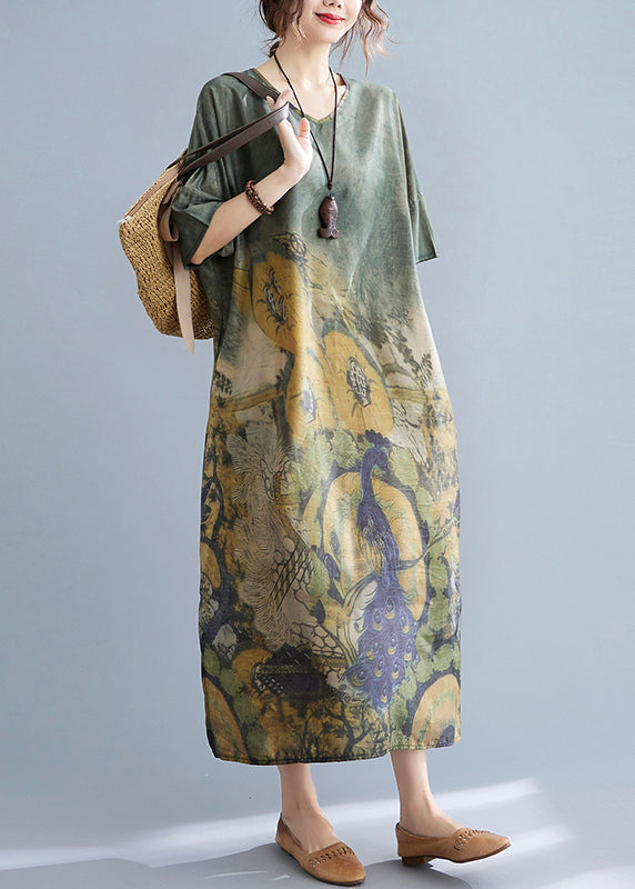 Elegante Pfau Grün V-Ausschnitt Print Seite Offen Kleider Kurzarm