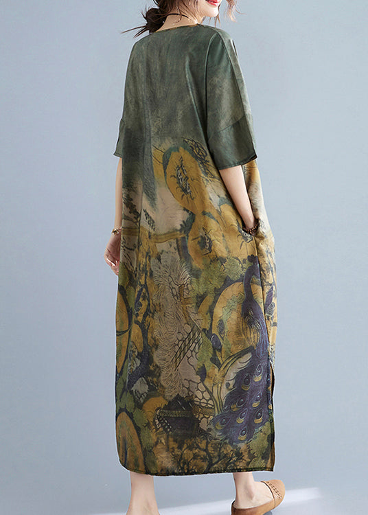 Elegante Pfau Grün V-Ausschnitt Print Seite Offen Kleider Kurzarm