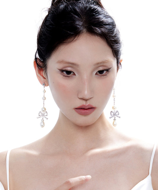 Elegant Pearl Bow Silver Long Drop Earrings Earrings