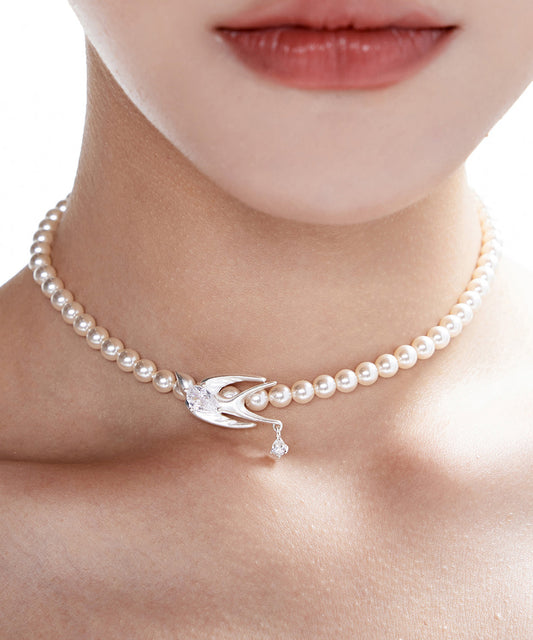 Elegant Pearl Little Bird Zircon Silver Plated Choker