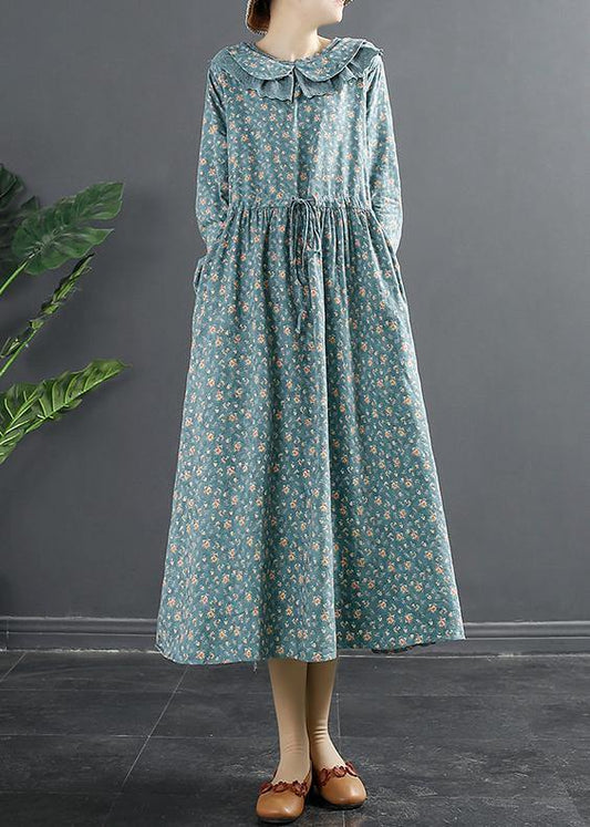 Elegant Peter Pan Collar Dresses Tops Blue Print Robe Dresses - SooLinen