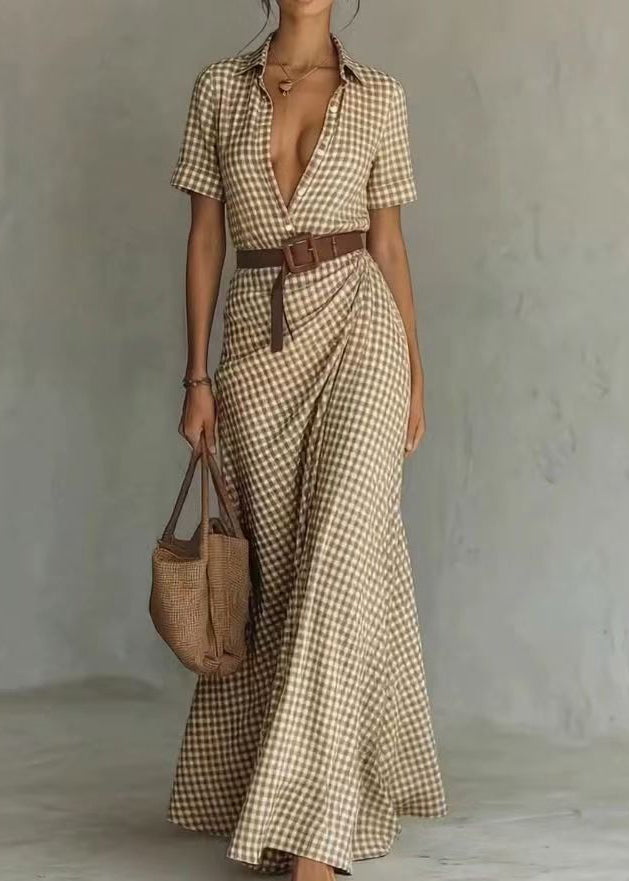 Elegant Peter Pan Collar Plaid Wrinkled Cotton Maxi Dresses Short Sleeve
