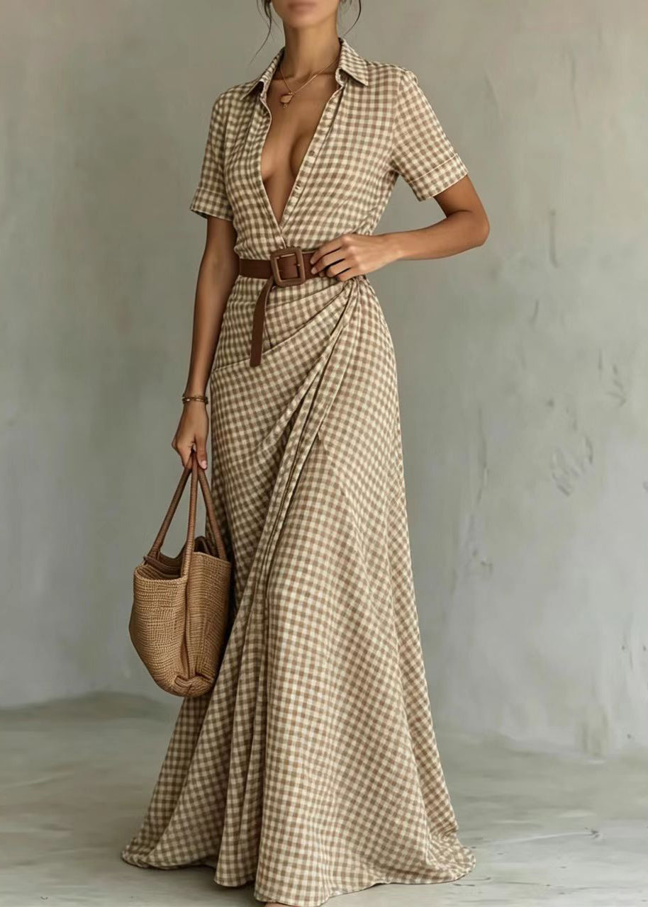 Elegant Peter Pan Collar Plaid Wrinkled Cotton Maxi Dresses Short Sleeve