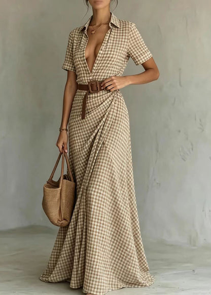 Elegant Peter Pan Collar Plaid Wrinkled Cotton Maxi Dresses Short Sleeve