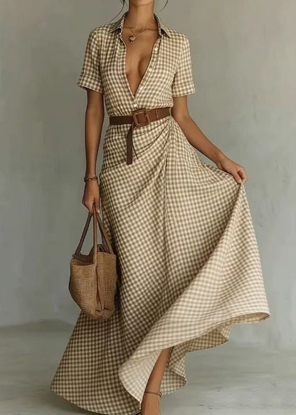 Elegant Peter Pan Collar Plaid Wrinkled Cotton Maxi Dresses Short Sleeve