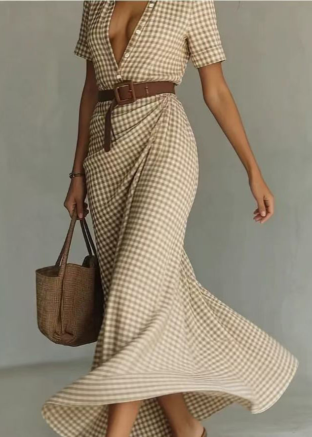 Elegant Peter Pan Collar Plaid Wrinkled Cotton Maxi Dresses Short Sleeve