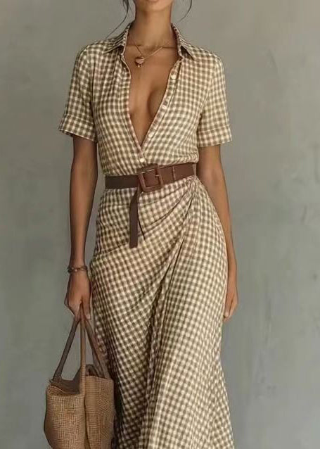 Elegant Peter Pan Collar Plaid Wrinkled Cotton Maxi Dresses Short Sleeve