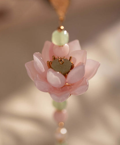 Elegante rosafarbene Broschen aus Legierung, Perlen, Lotusblüten und Quasten