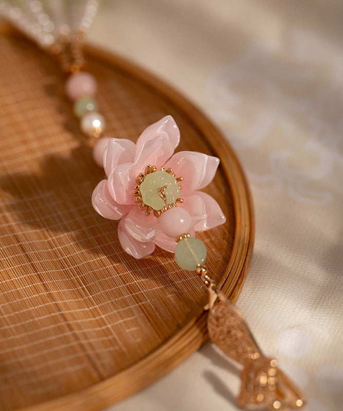 Elegante rosafarbene Broschen aus Legierung, Perlen, Lotusblüten und Quasten