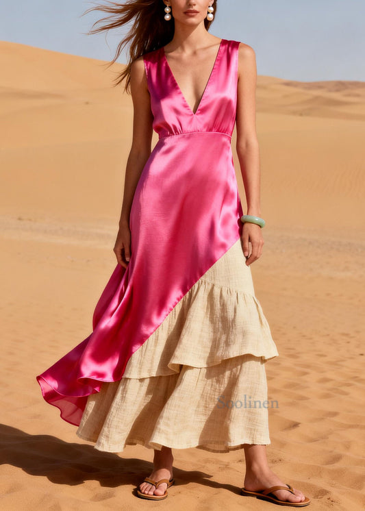 Elegant Pink Asymmetrical Patchwork Linen Silk Dress Summer