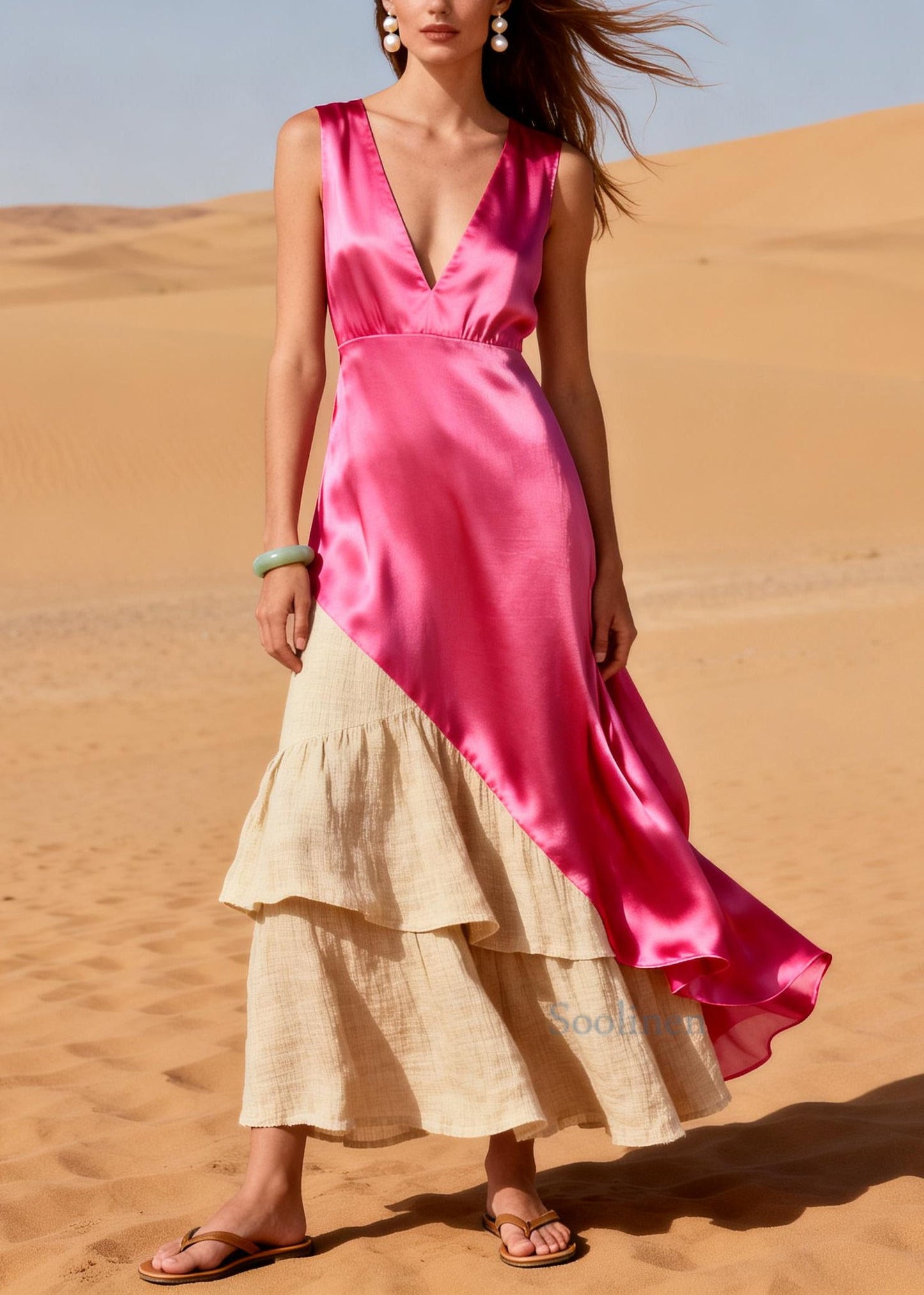 Elegant Pink Asymmetrical Patchwork Linen Silk Dress Summer