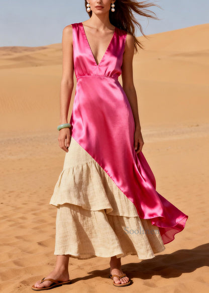 Elegant Pink Asymmetrical Patchwork Linen Silk Dress Summer