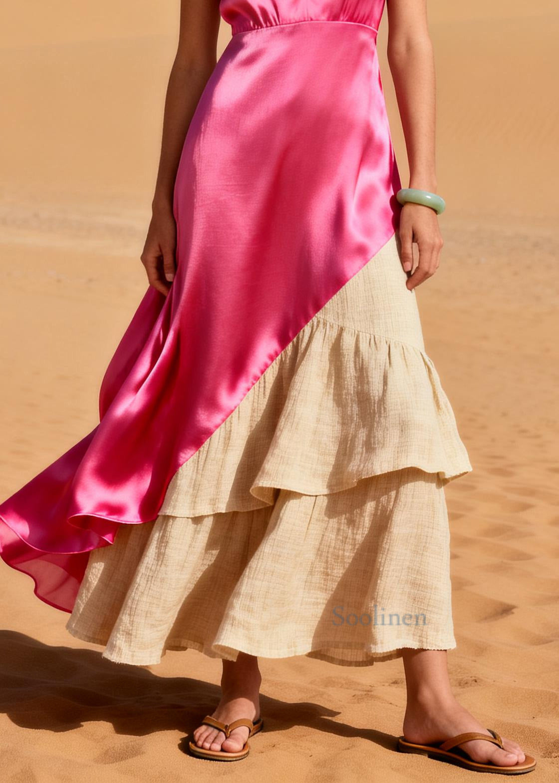Elegant Pink Asymmetrical Patchwork Linen Silk Dress Summer
