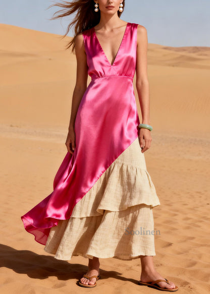 Elegant Pink Asymmetrical Patchwork Linen Silk Dress Summer