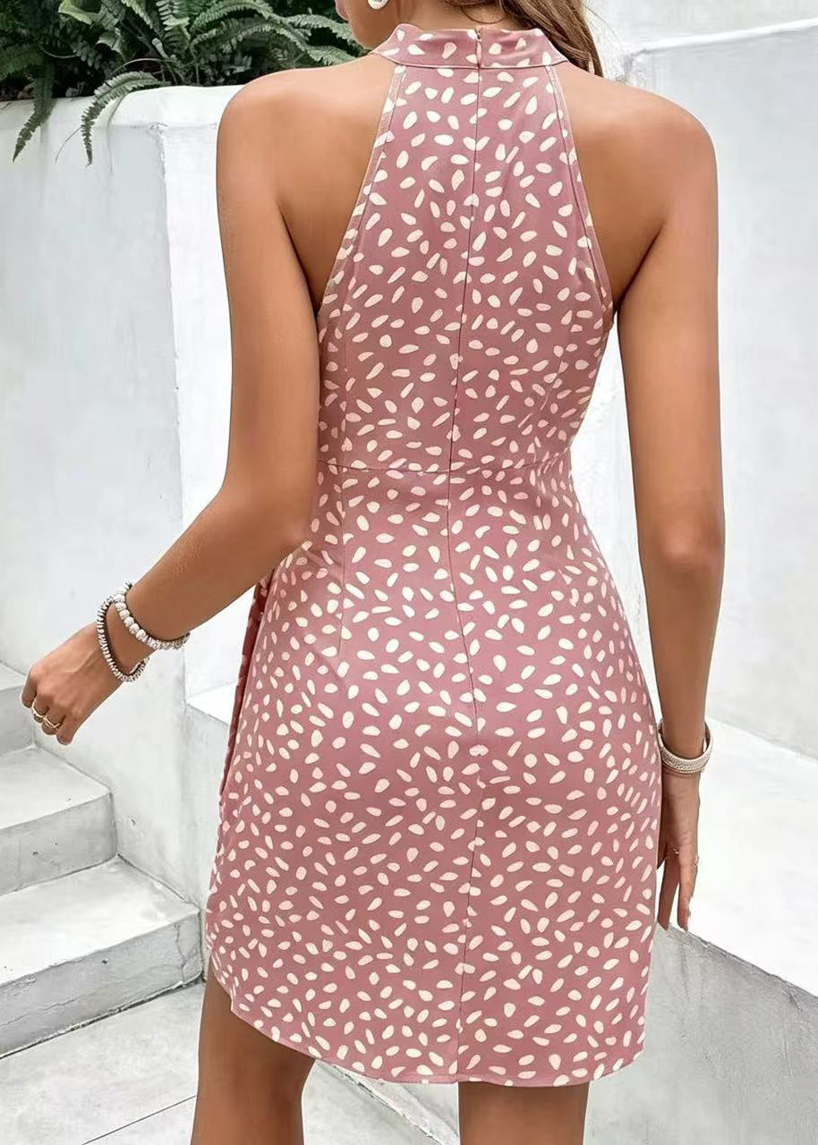 Elegant Pink Cold Shoulder Print Chiffon Hatler Dress Summer