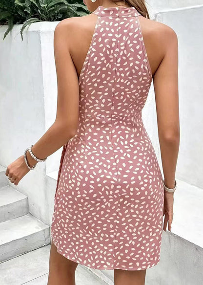 Elegant Pink Cold Shoulder Print Chiffon Hatler Dress Summer