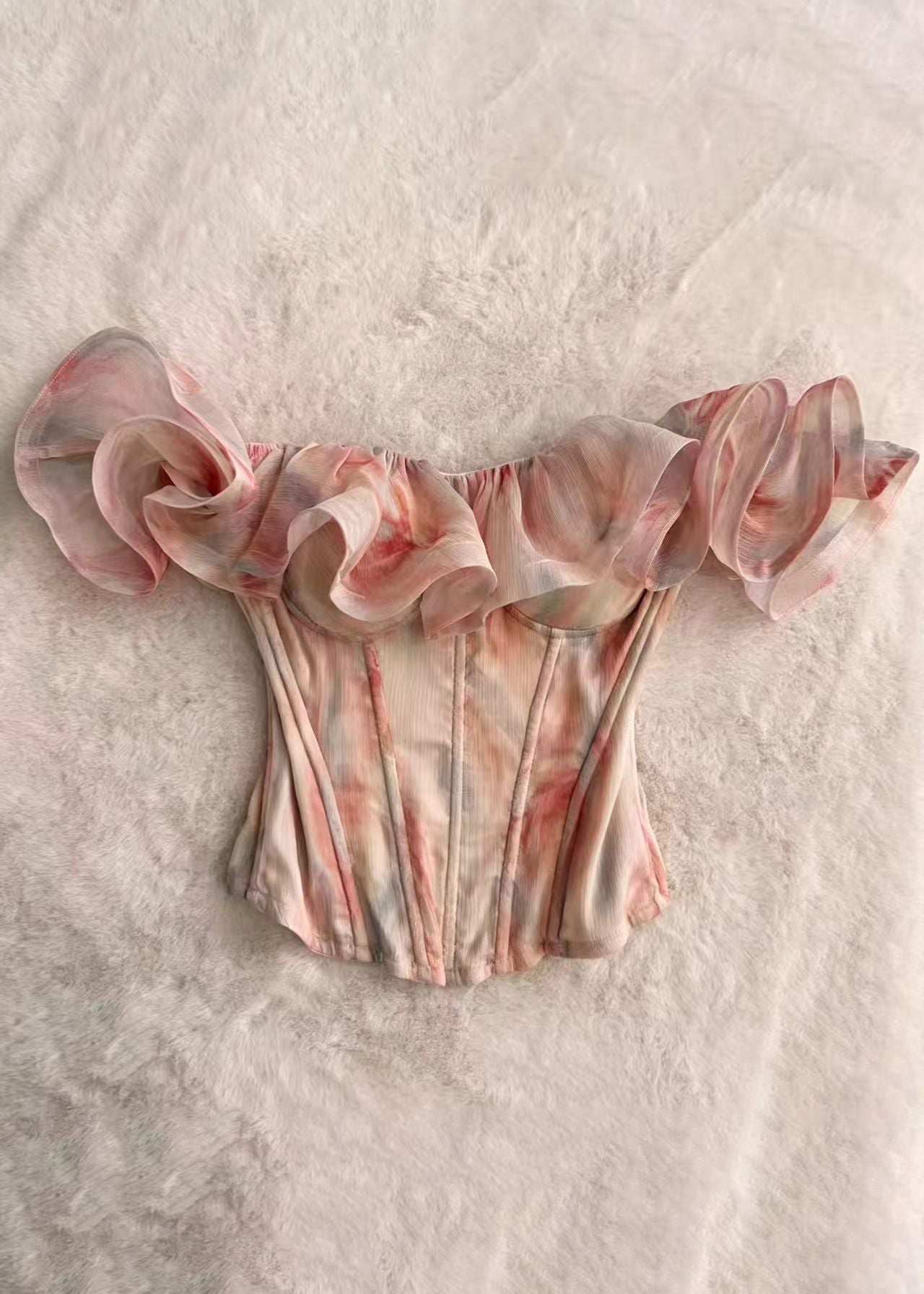 Elegant Pink Cold Shoulder Ruffled Print Chiffon Tanks Summer