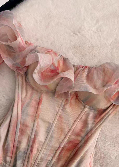 Elegant Pink Cold Shoulder Ruffled Print Chiffon Tanks Summer