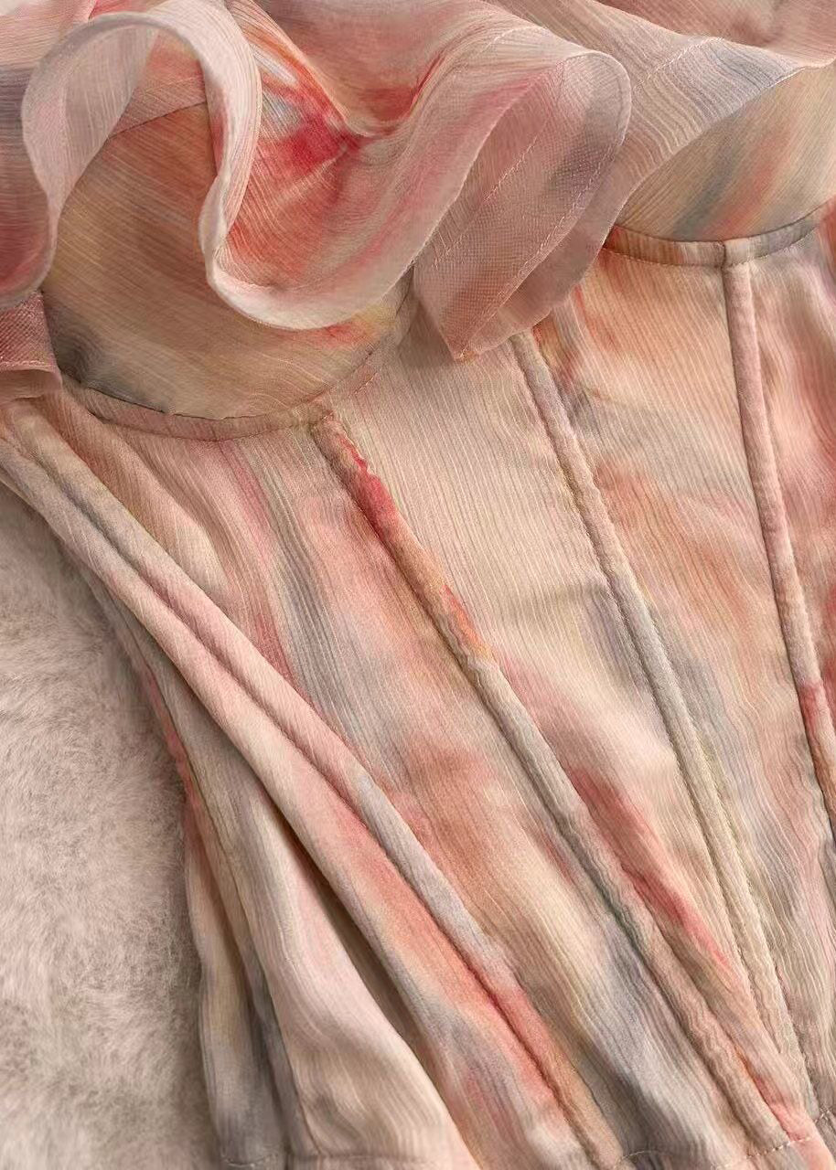 Elegant Pink Cold Shoulder Ruffled Print Chiffon Tanks Summer