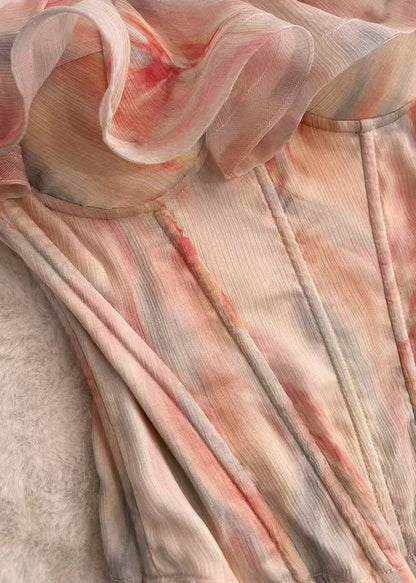 Elegant Pink Cold Shoulder Ruffled Print Chiffon Tanks Summer