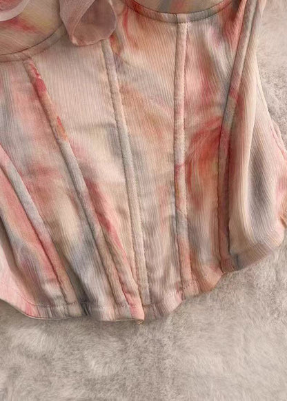 Elegant Pink Cold Shoulder Ruffled Print Chiffon Tanks Summer