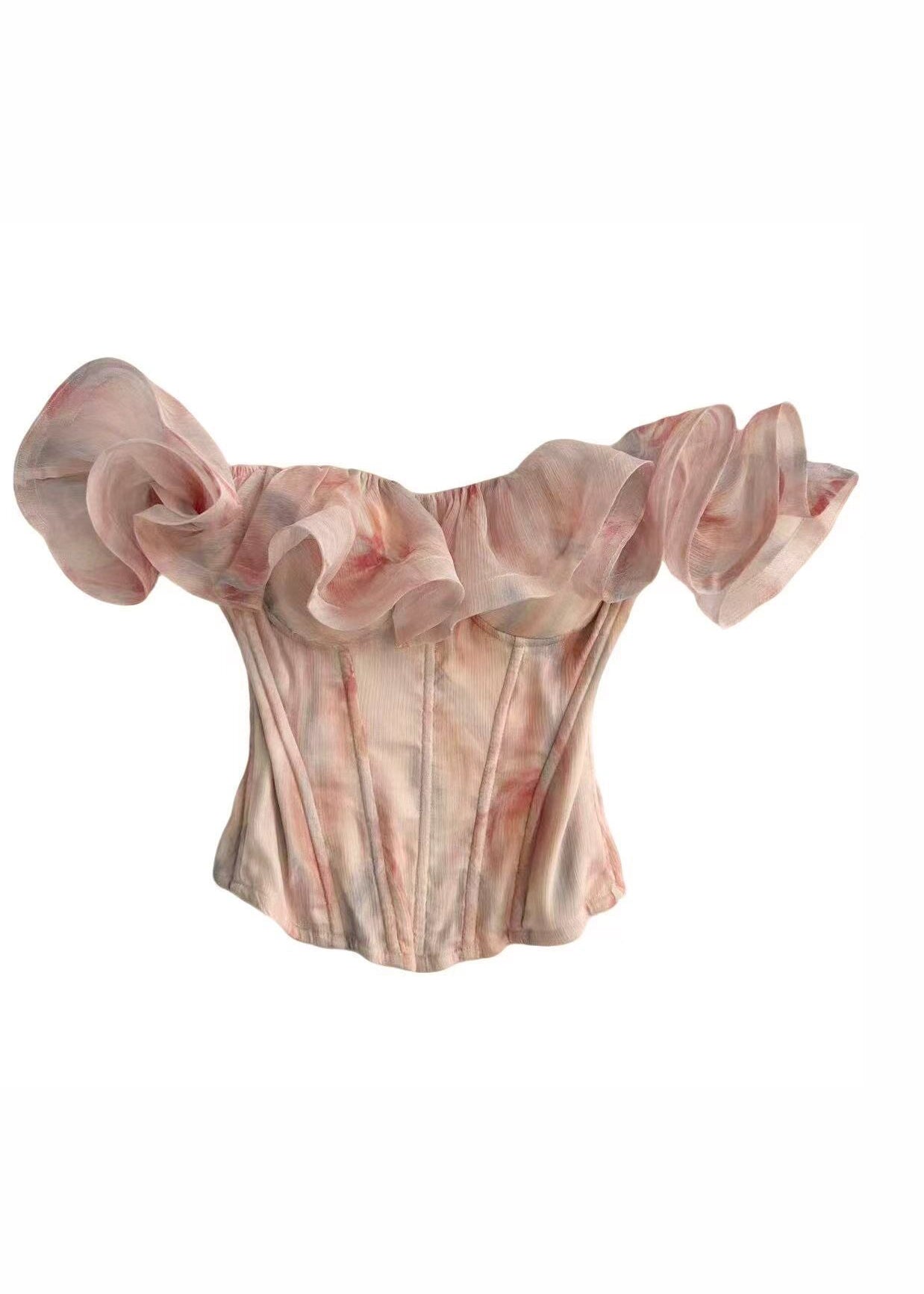 Elegant Pink Cold Shoulder Ruffled Print Chiffon Tanks Summer