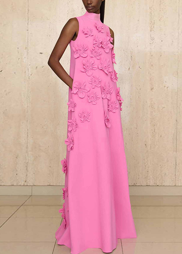 Elegant Pink Floral Lace Up Pockets Cotton Long Dress Sleeveless