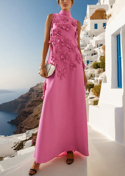 Elegant Pink Floral Lace Up Pockets Cotton Long Dress Sleeveless