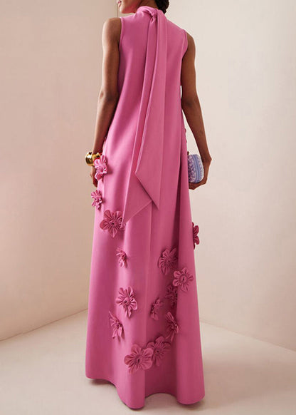 Elegant Pink Floral Lace Up Pockets Cotton Long Dress Sleeveless