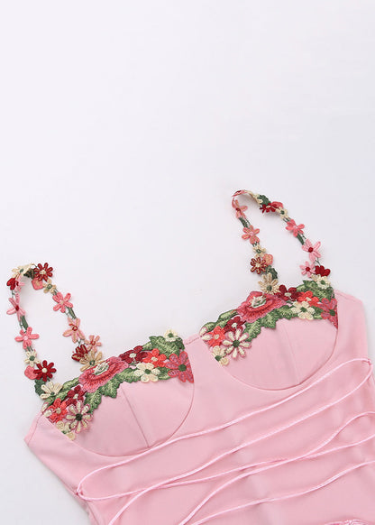 Elegant Pink Floral Patchwork Cotton Spaghetti Strap Dress Sleeveless