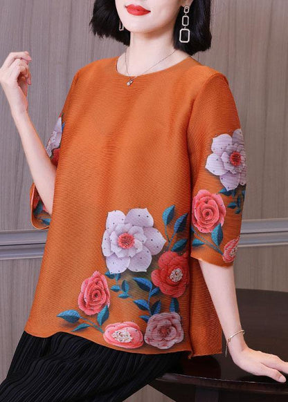 Elegant Pink Floral Short Sleeve Blouse Tops - SooLinen