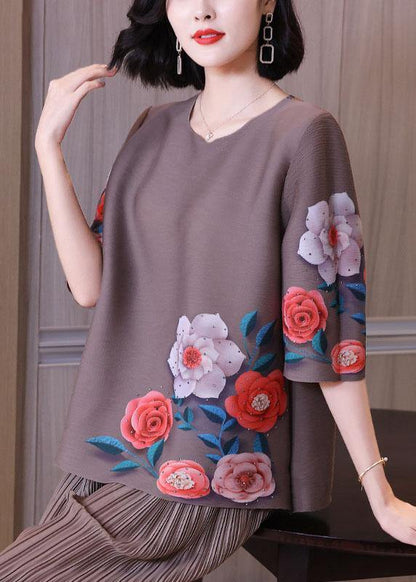 Elegant Pink Floral Short Sleeve Blouse Tops - SooLinen