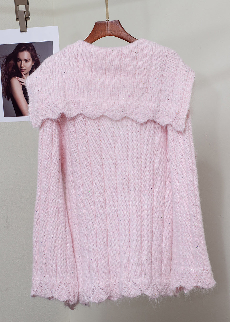 Elegante suéter de punto con botones florales de piel de zorro rosa y patchwork