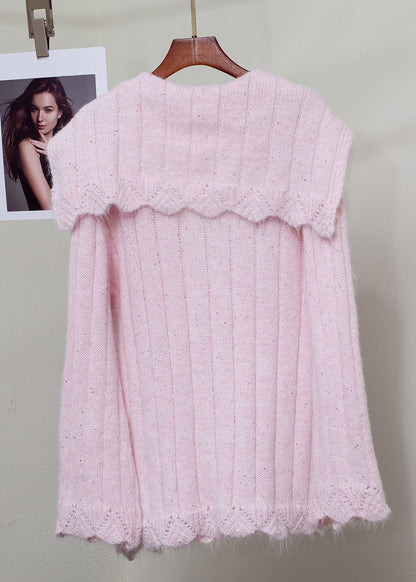 Elegante suéter de punto con botones florales de piel de zorro rosa y patchwork