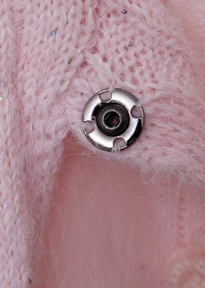 Elegante suéter de punto con botones florales de piel de zorro rosa y patchwork