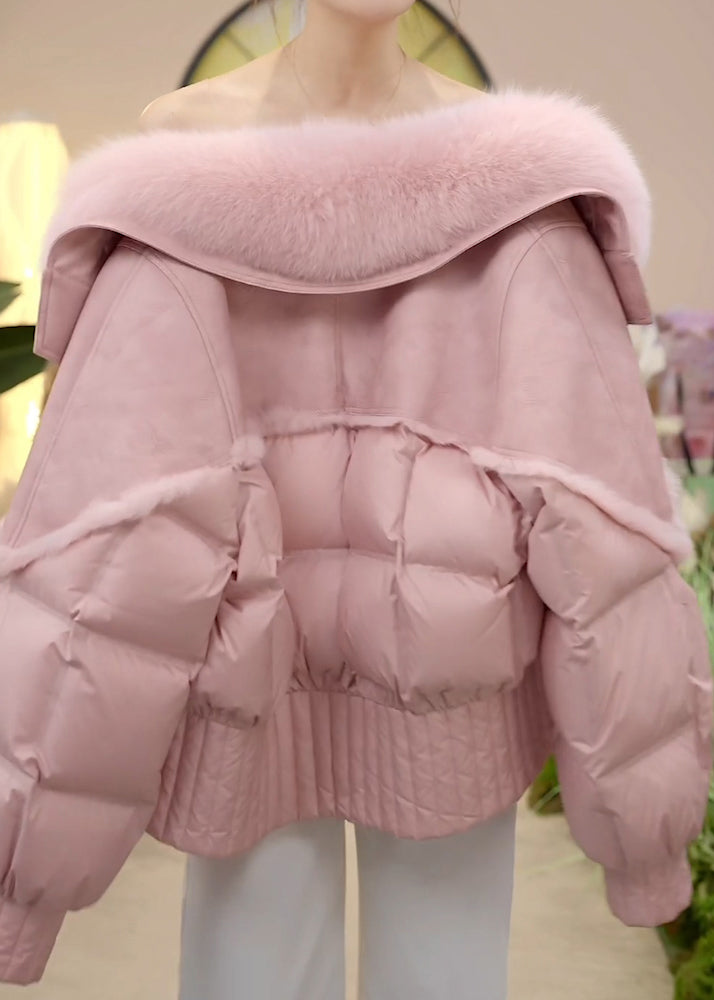 Elegante rosa Pelzkragen-Knopfleiste-Daunenjacke für den Winter